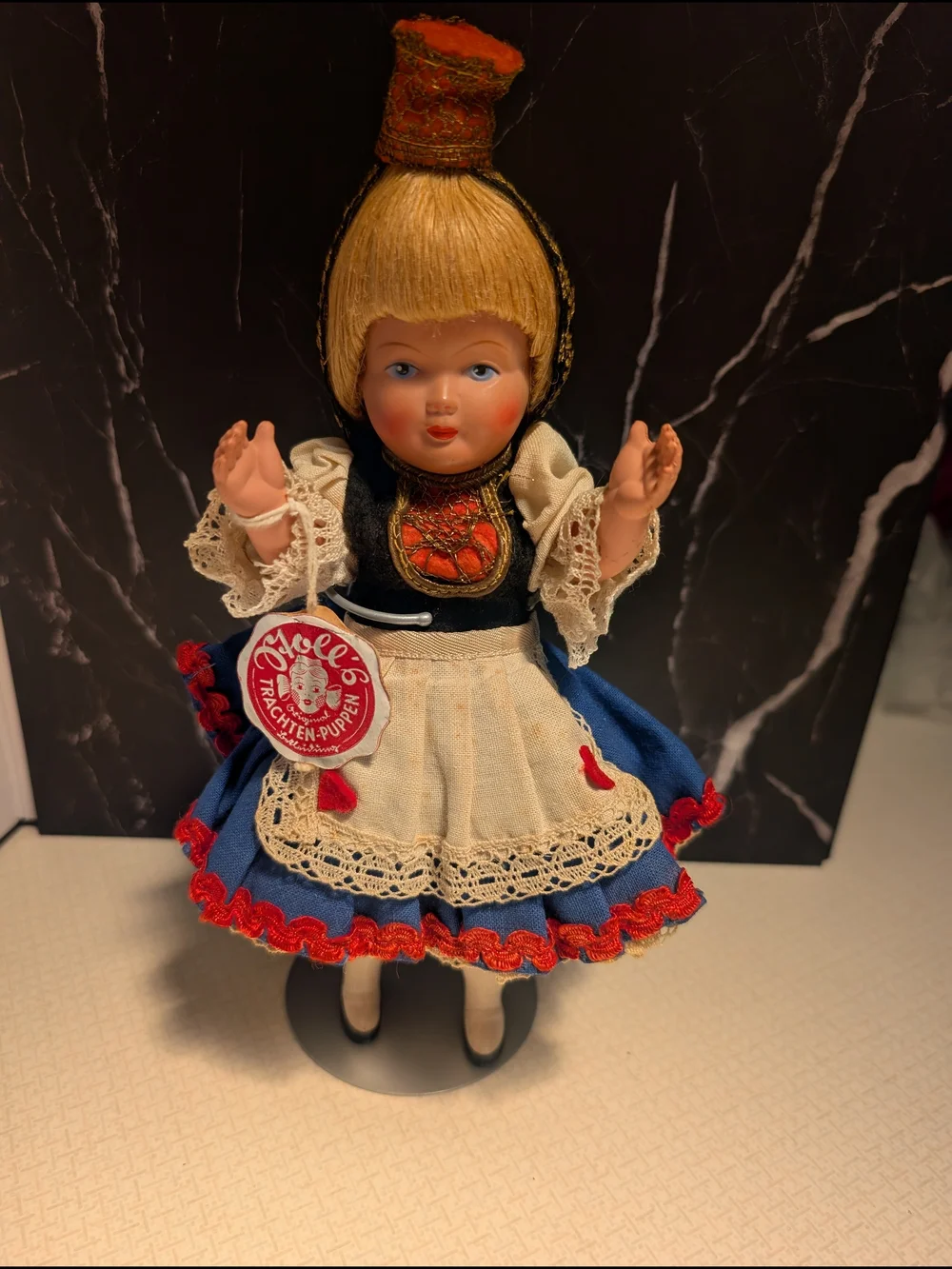 Vintage Austrian Trachen-Puppen Costume Doll with Blue, White & Red Outfit
